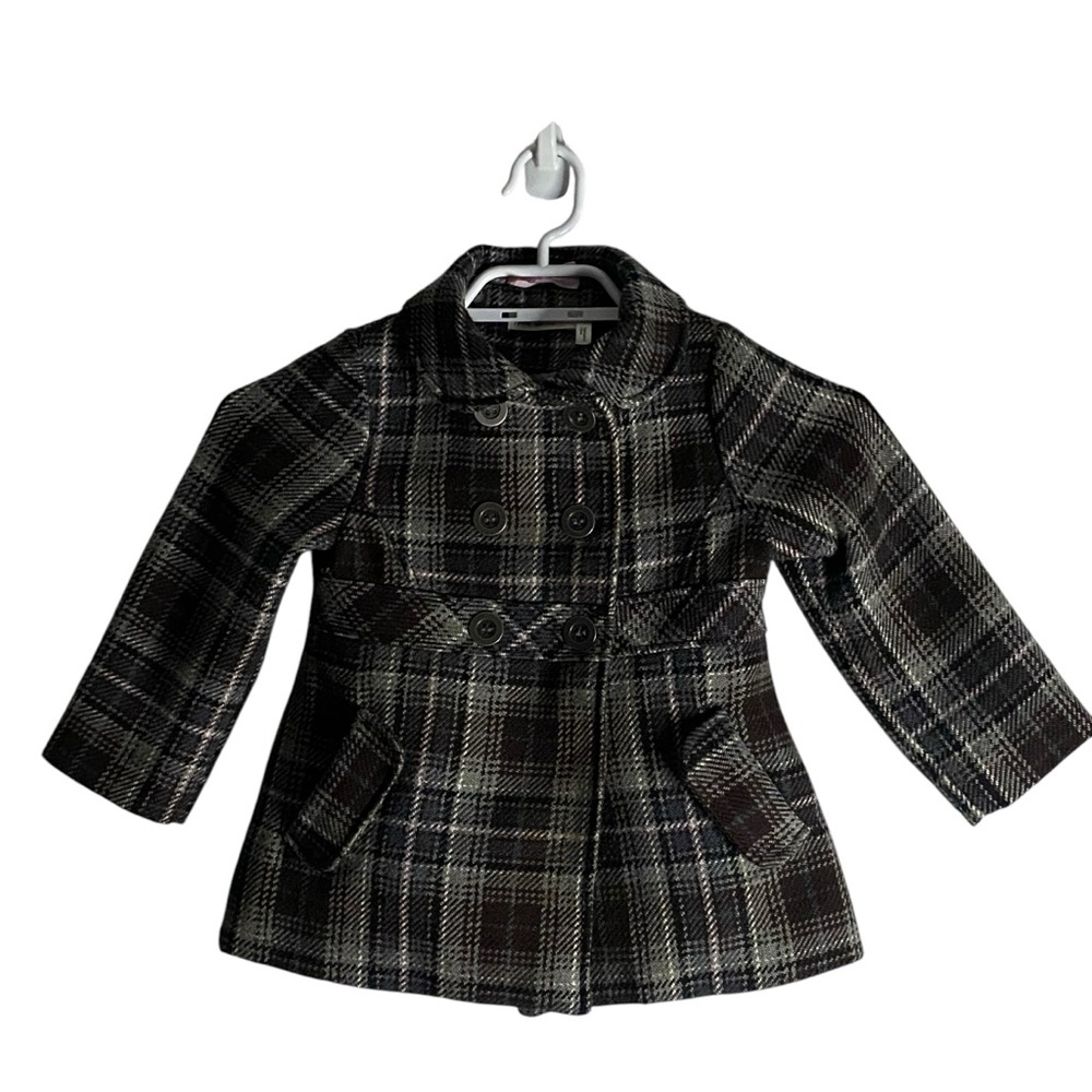 H&M Girl's Brown/Gray Double Breasted Plaid Pea Coat